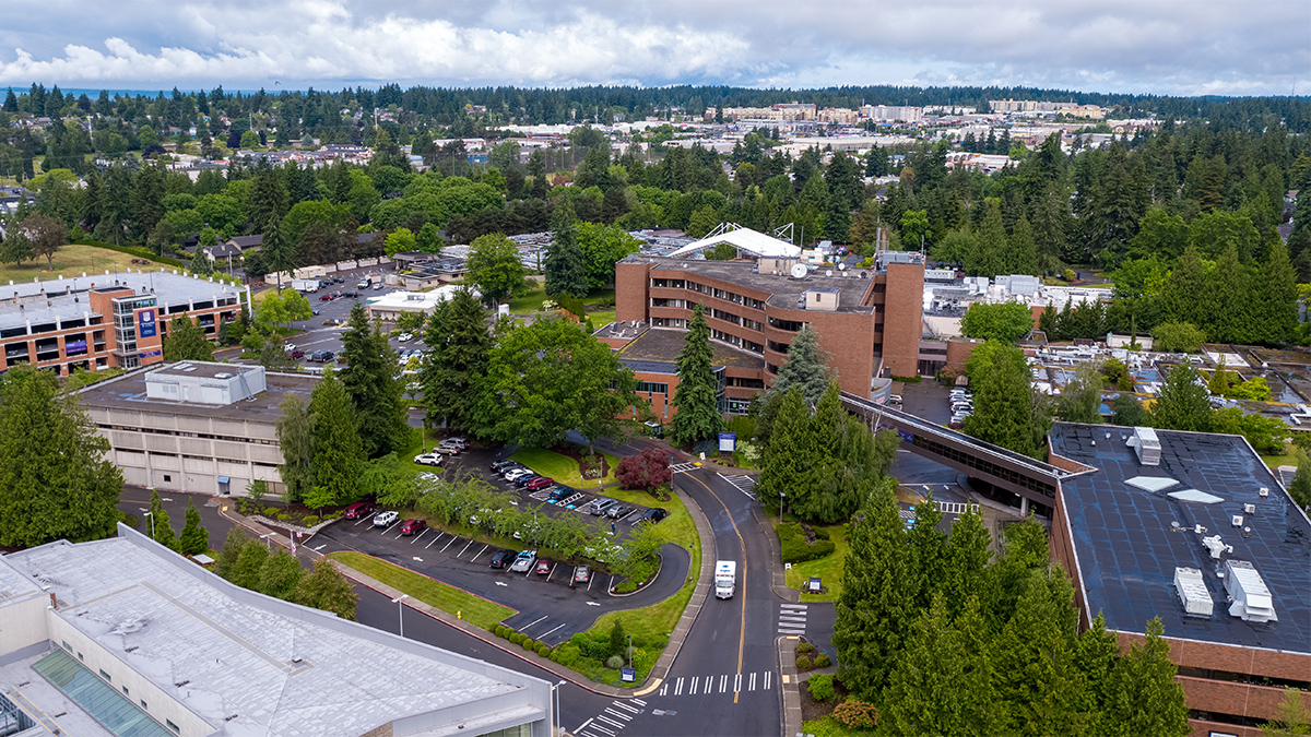 Aerial photo of UWMC – Northwest looking north on a cloudy day.