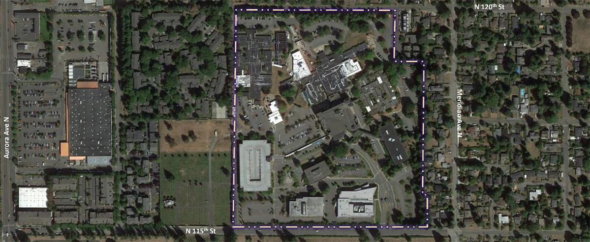 Aerial map of UWMC – NW campus, bounded by N 115th to the south and N 120th to the north.