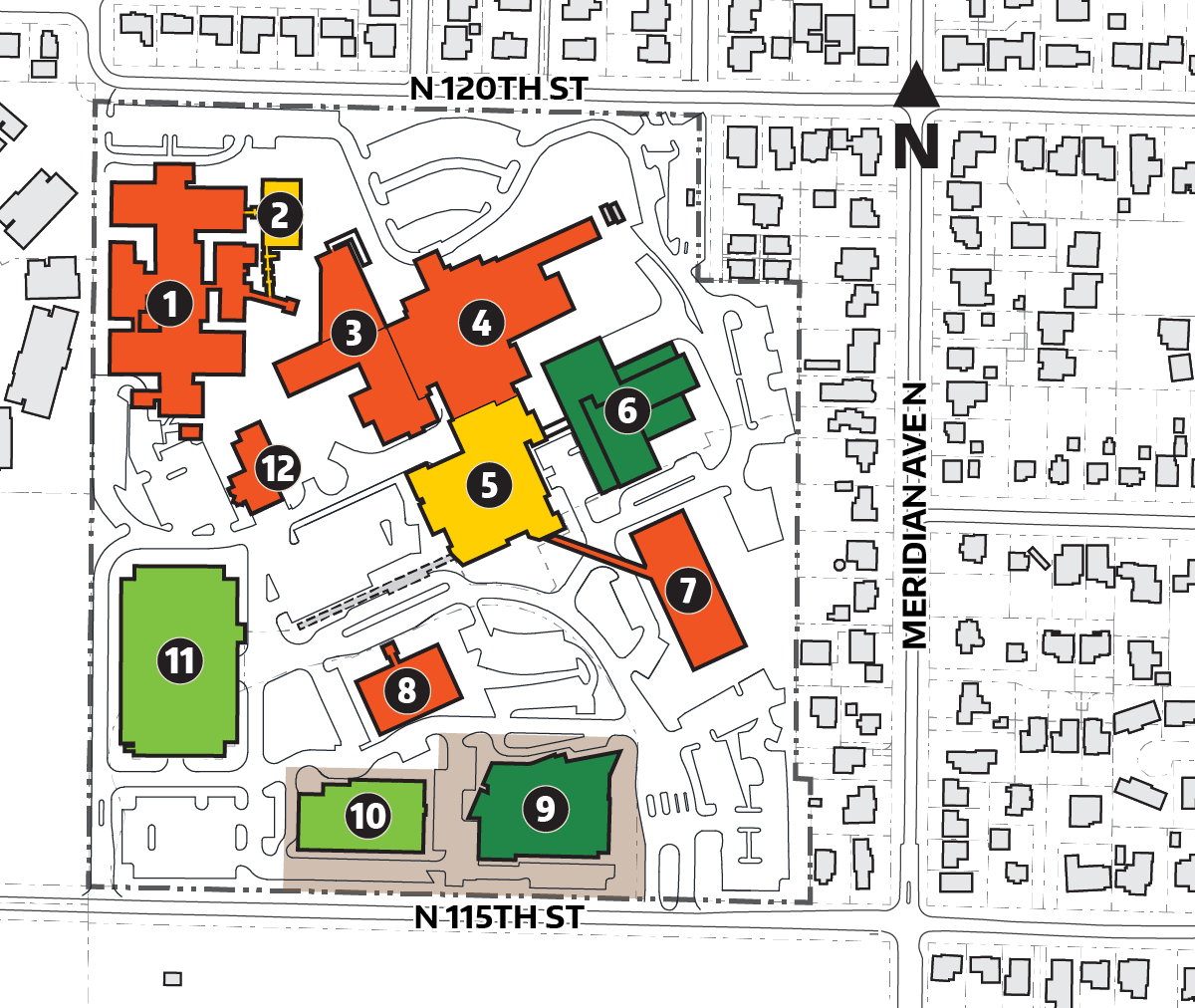 Overview map of the UWMC – Northwest campus buildings. D-Wing and Fred Hutchinson buildings are less than 10 years old. McMurray Medical Office Building and the Parking Garage are between 11 and 20 years old. A-Wing and E-Wing Additional are between 31 and 40 years old. The Medical Arts Building, MOB, Daycare Center, A-, C- and E-wings are greater than 40 years old. Overview map of the UWMC – Northwest campus buildings. D-Wing and Fred Hutchinson buildings are less than 10 years old. McMurray Medical Office Building and the Parking Garage are between 11 and 20 years old. A-Wing and E-Wing Additional are between 31 and 40 years old. The Medical Arts Building, MOB, Daycare Center, A-, C- and E-wings are greater than 40 years old.