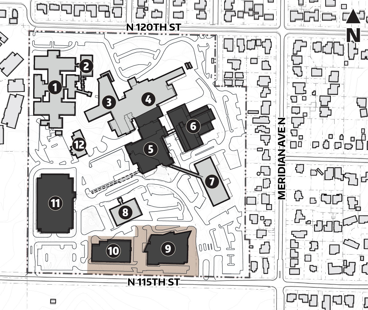 Overview map of UWMC – Northwest campus buildings. McMurray Office Building and Fred Hutch Proton Therapy Building are land leases. E-Wing, C-Wing, B-Wing, Medical Arts Building, Medical Office Building and the Childcare Center are Potential Replacement of Program Elsewhere. BHTF, A-Wing, Parking Garage, McMurray Office Building, and Fred Hutch Proton Therapy Building are building to maintain or renovate.